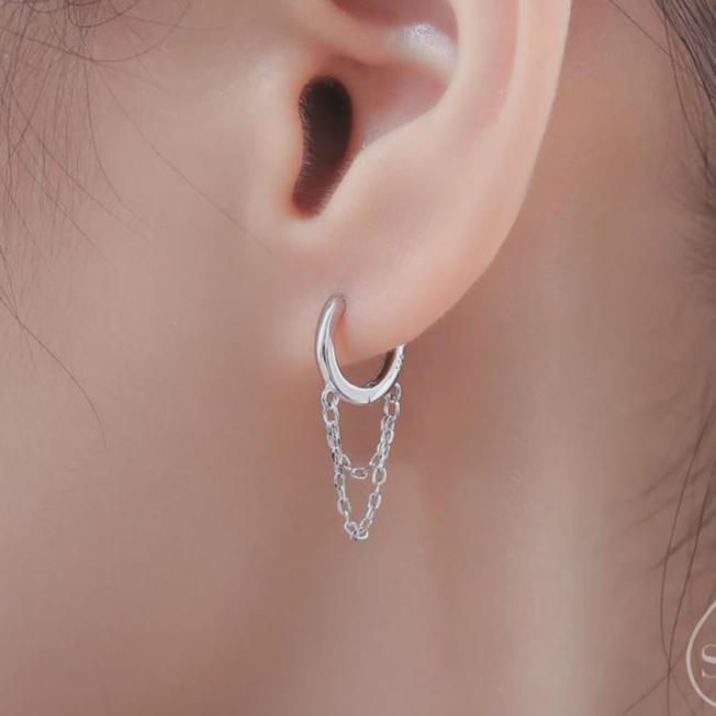 Double Chained Hoop Earrings in Sterling Silver – Silver, Gold or Rose Gold Huggie Hoops with Two Chains