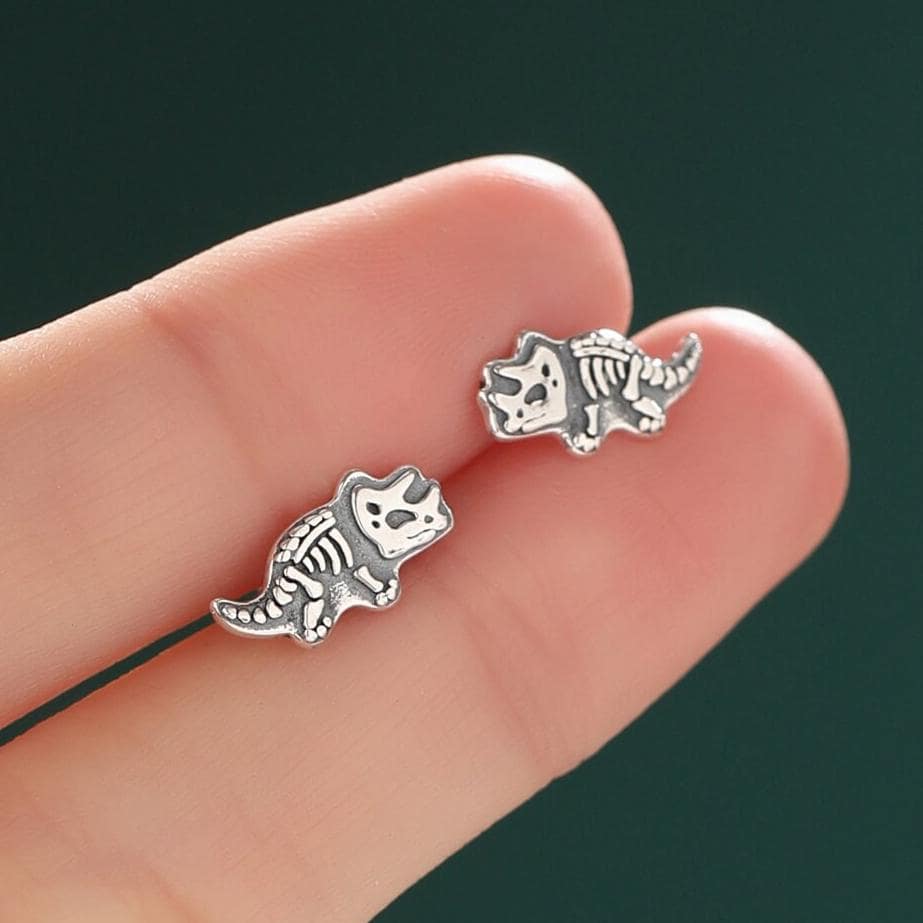 Oxidised Sterling Silver Dinosaur Fossil Stud Earrings, Oxidised Silver Finish Dino Stud, Quirky Dino Stud, Asymmetric Dinosaur Earrings,