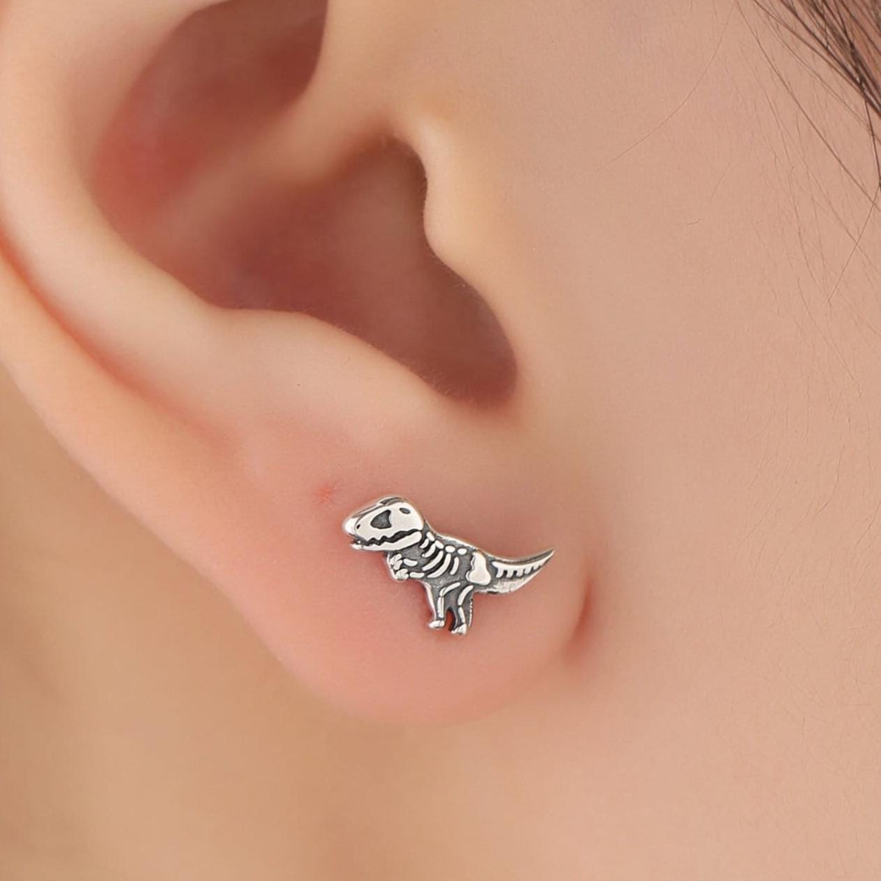 Oxidised Sterling Silver Dinosaur Fossil Stud Earrings, Oxidised Silver Finish Dino Stud, Quirky Dino Stud, Asymmetric Dinosaur Earrings,