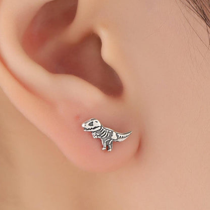 Oxidised Sterling Silver Dinosaur Fossil Stud Earrings, Oxidised Silver Finish Dino Stud, Quirky Dino Stud, Asymmetric Dinosaur Earrings,