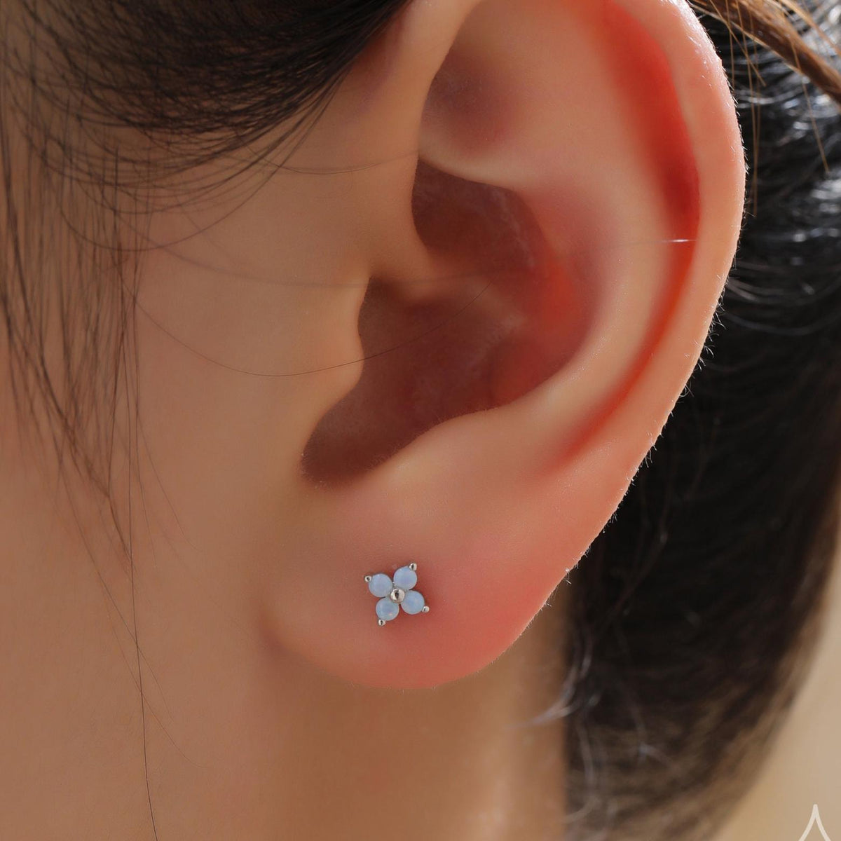 Asymmetric Hydrangea Flower Bouquet CZ Stud Earrings in Sterling Silver, Silver, Gold or Rose Gold, Mismatched Opal Blue Flower Earrings