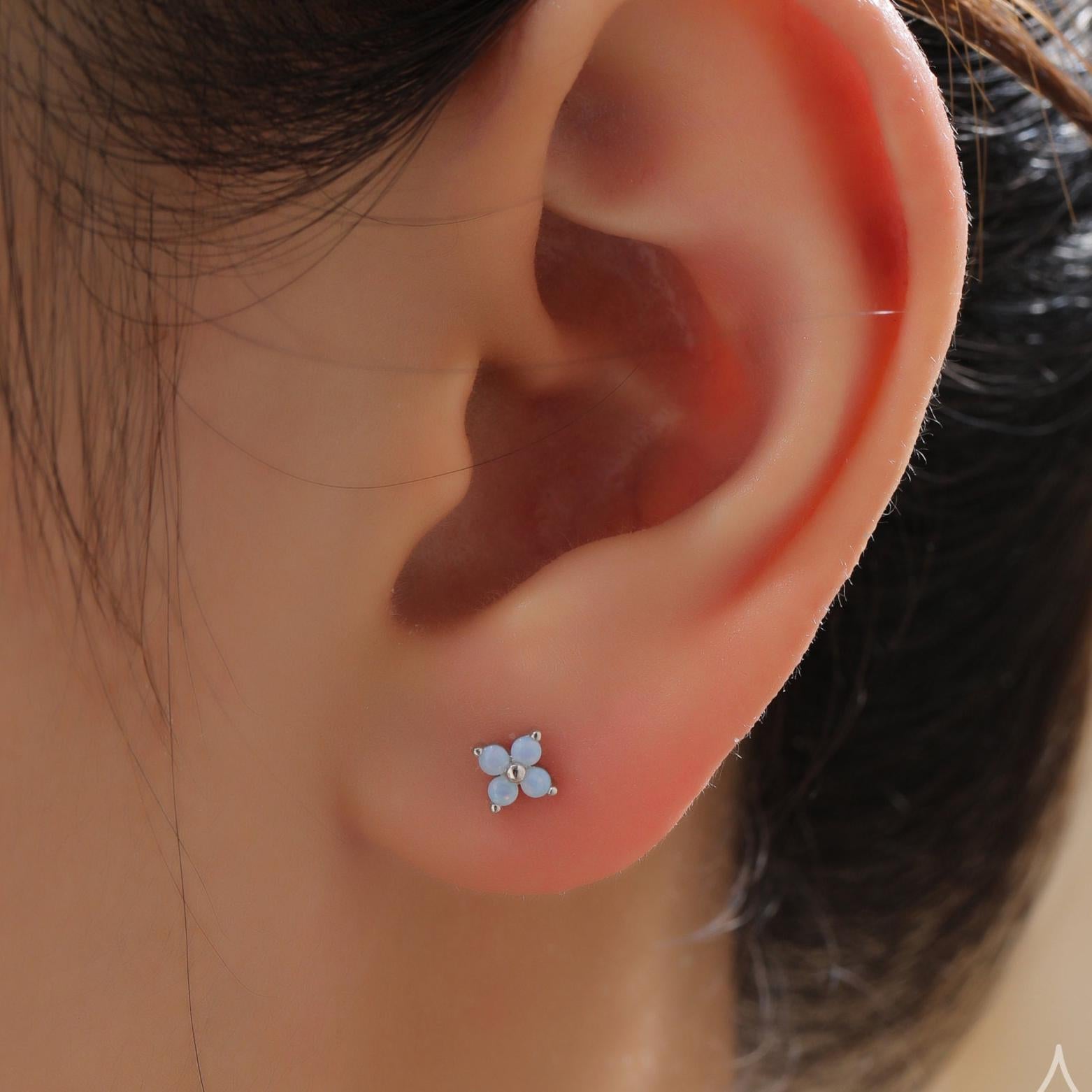 Asymmetric Hydrangea Flower Bouquet CZ Stud Earrings in Sterling Silver, Silver, Gold or Rose Gold, Mismatched Opal Blue Flower Earrings