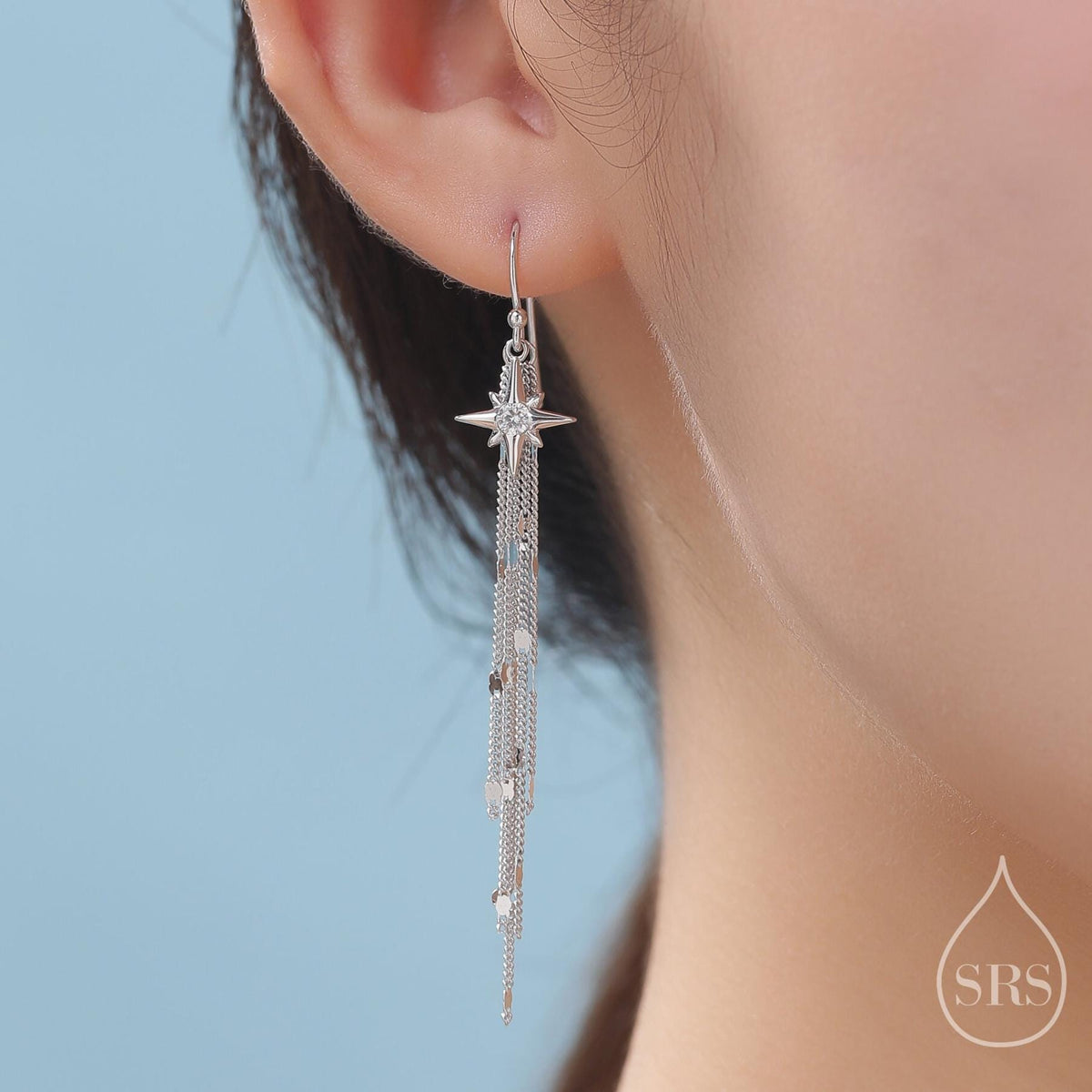 Starburst Dangle Drop Hook Earrings in Sterling Silver with Sparkle Tassels, Silver or Gold or Rose Gold, Tiny North Star Dangle Earrings