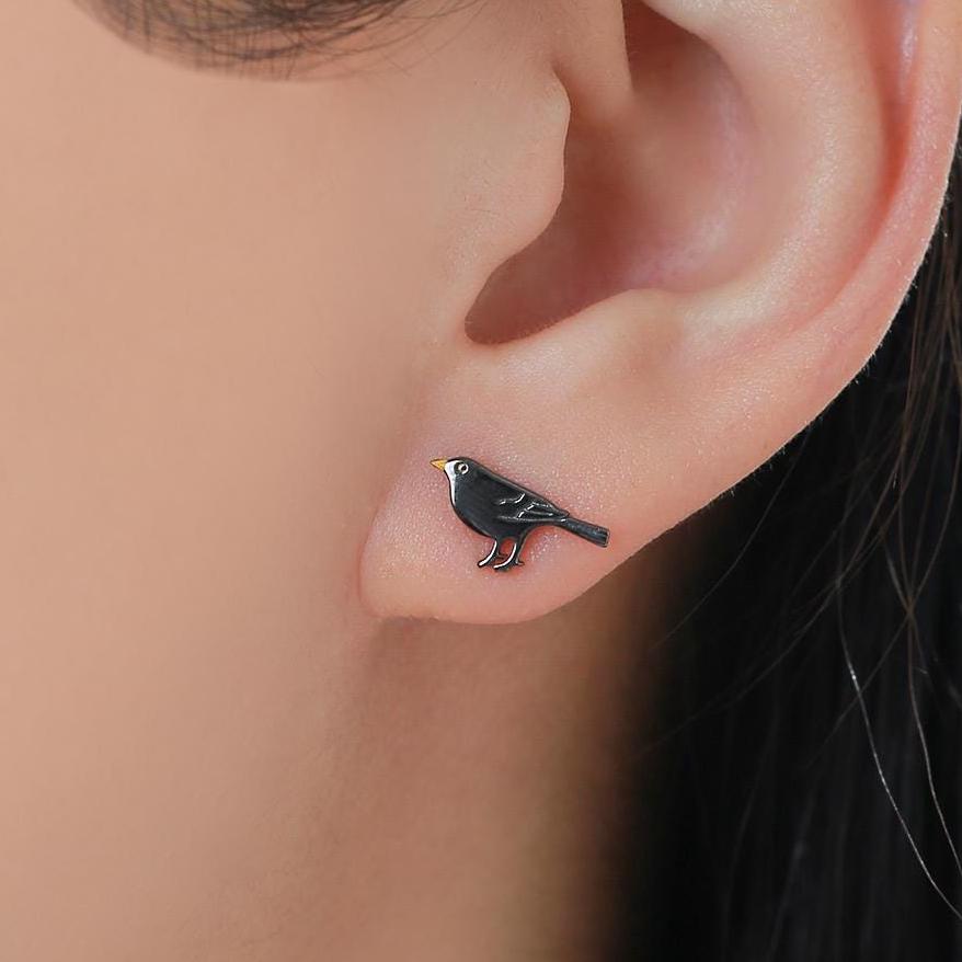 British Black Bird Stud Earrings in Sterling Silver with Yellow Beak - Black Rhodium Coated Sterling Silver, Animal Stud Earrings