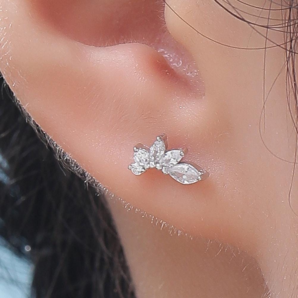 CZ Cluster Stud Earrings in Sterling Silver, Silver or Gold, Dainty Marquise Crystal Earrings, Bridesmaid's Jewellery