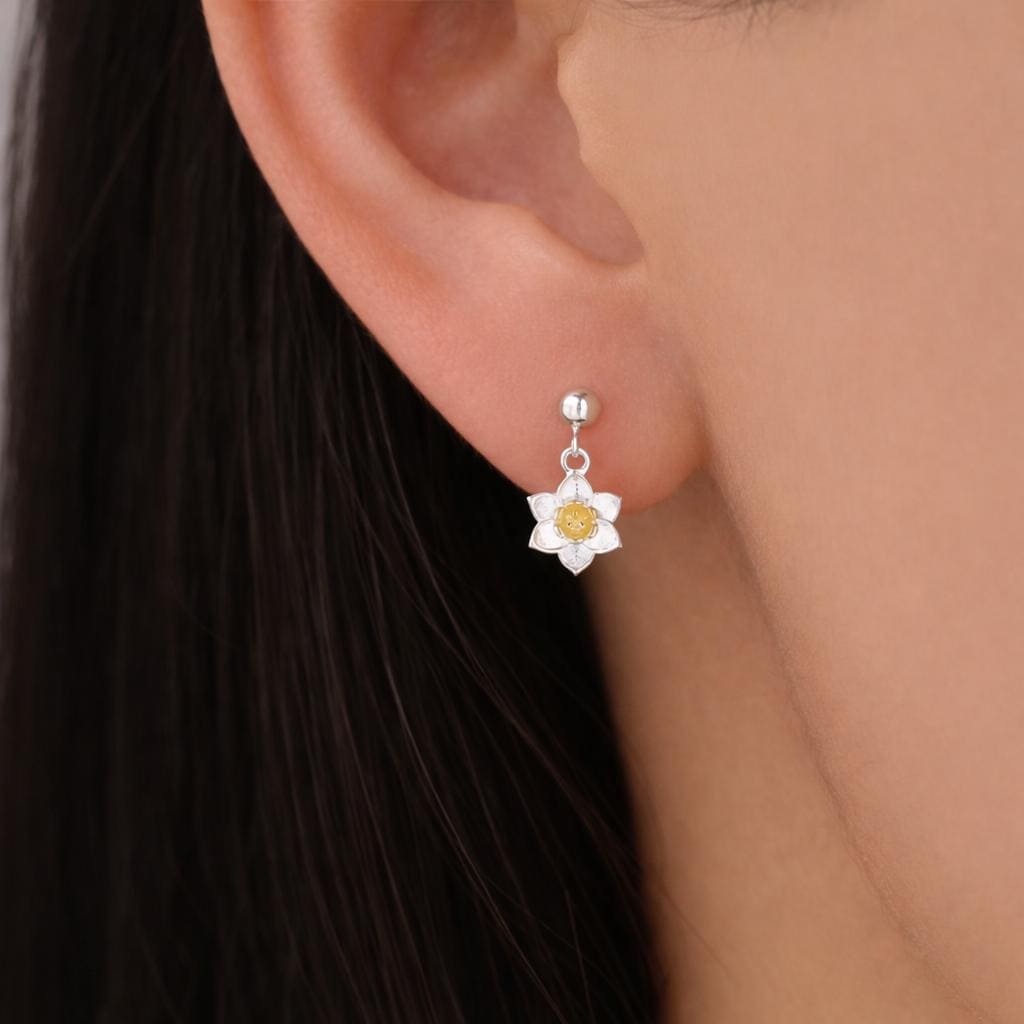 Daffodil Drop Stud Earrings in Sterling Silver, Tiny Daffodil Flower Dangle Earrings, Small Daffodil Earrings, Birth Flower for March