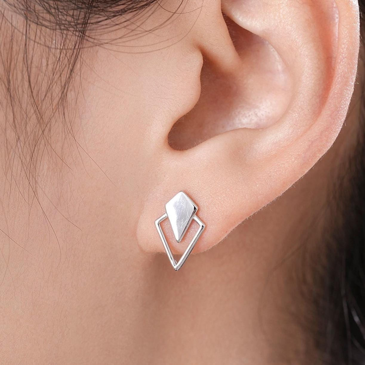 Art Deco Inspired Small Rhombus Stud Earrings in Sterling Silver, Silver or Gold or Rose Gold, Tiny and Delicate Triangle Rhombus Earrings