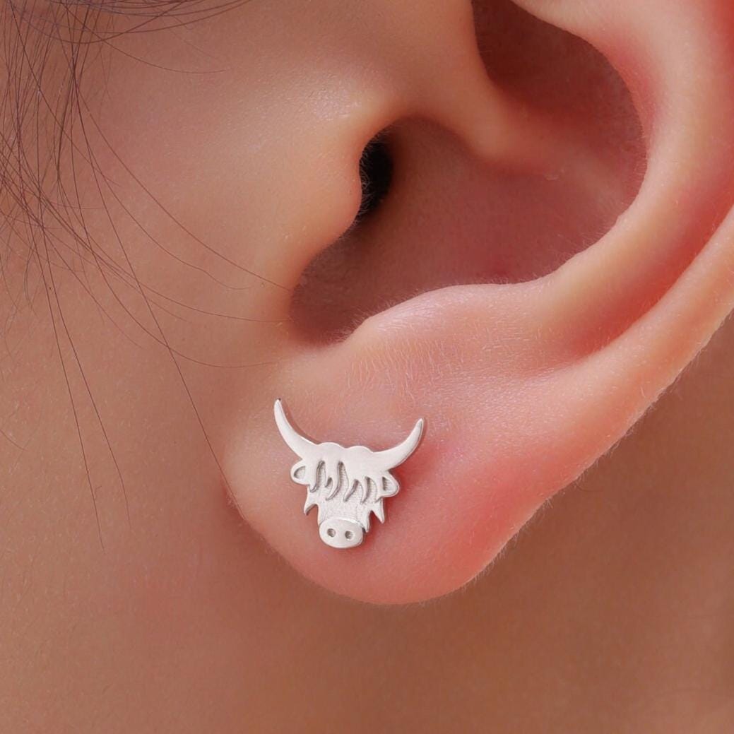 Dainty Highland Cow Stud Earrings in Sterling Silver, Silver or Gold , 2D Bull Earrings, Cow Earrings, Scottish Design