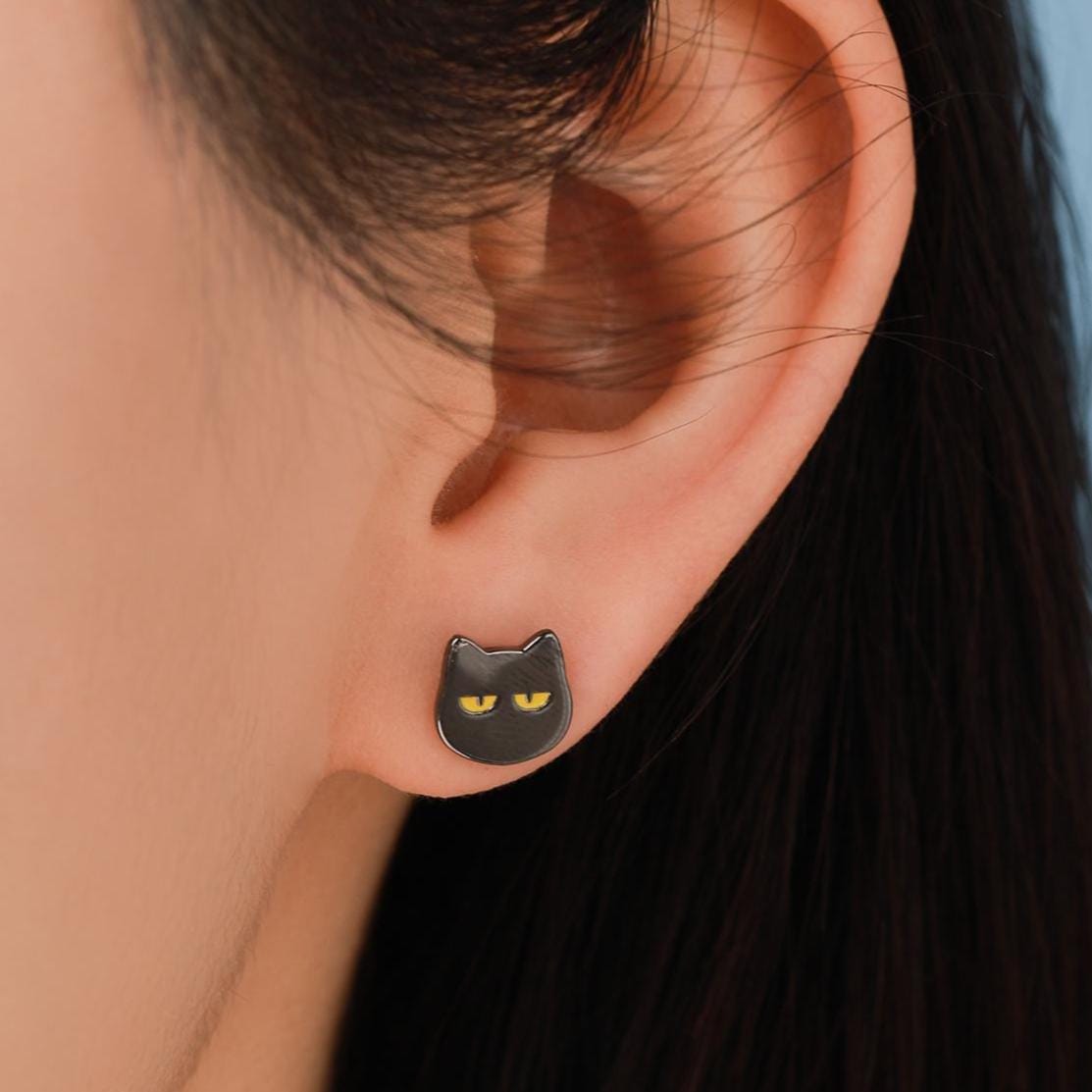Quirky Black Cat Stud Earrings in Sterling Silver, Black Rhodium Coated Cat Earrings, Cute Cat Earrings, Silver Cat Earrings