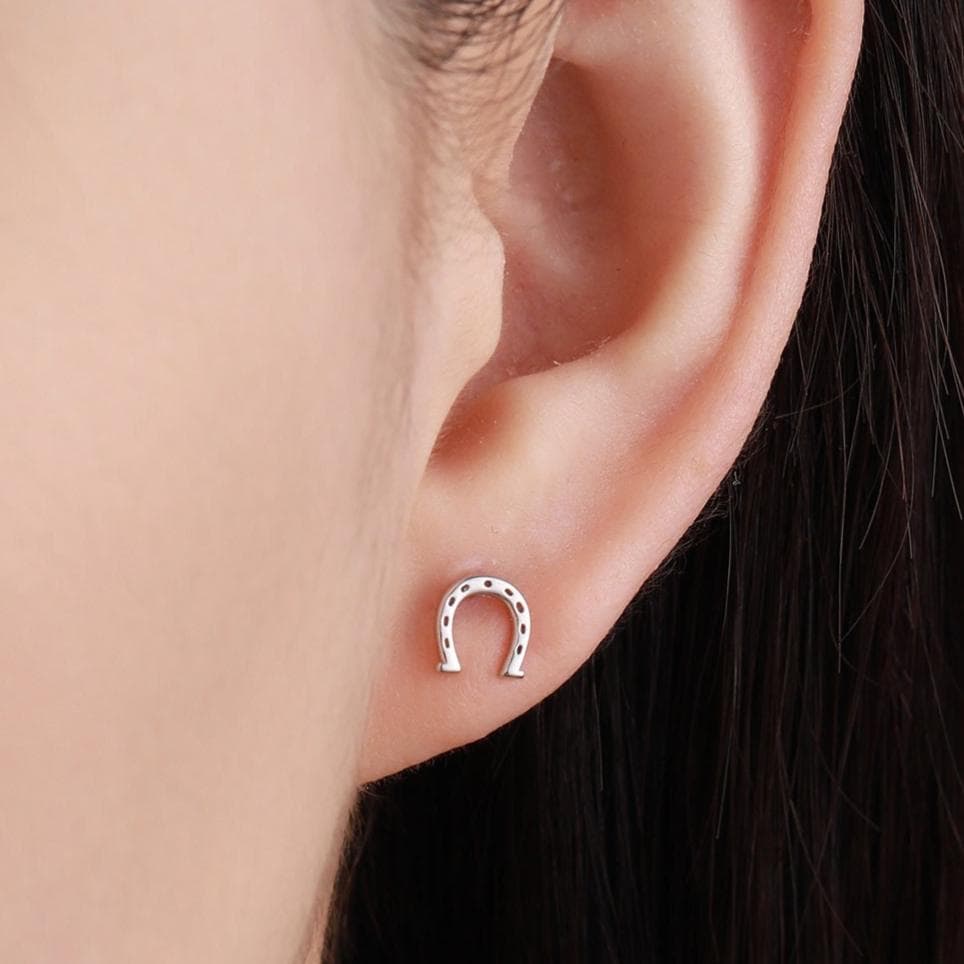 Sterling Silver Horse and Horseshoe 16G Flat Back Earrings