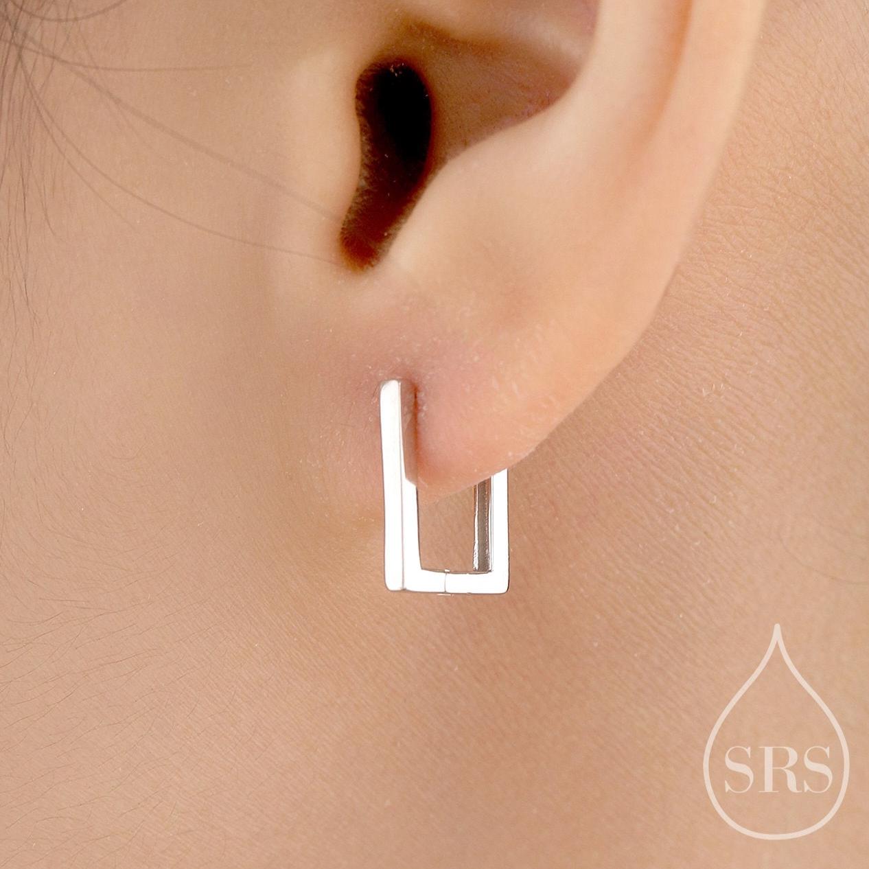 Rectangle Hoop Earrings in Sterling Silver, Silver or Gold, Skinny Geometric Square Hoop Earrings, 12mm Minimalist Hoops