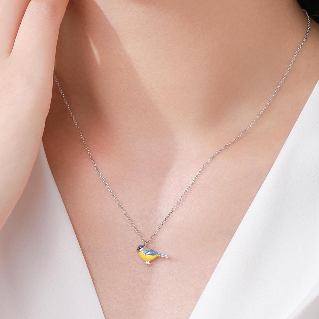 Tiny Blue Tit Bird Pendant Necklace in Sterling Silver, Silver or Gold, Silver Enamel Blue Tit Bird Necklace, Silver Bird Necklace,