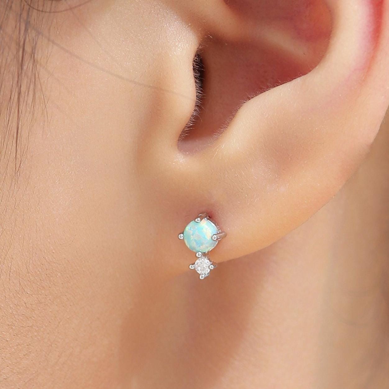 Sterling Silver Tiny Purple Opal and CZ Stud Earrings, Tiny Opal Earrings, Fire Opal, Lab Opal Stud