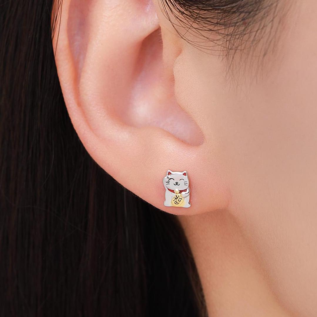 Super Cute Japanese Maneki-neko Cat Stud Earrings in Sterling Silver - Animal Stud Earrings - Cute Money Cat, Waving Cat Stud, Cat Earrings