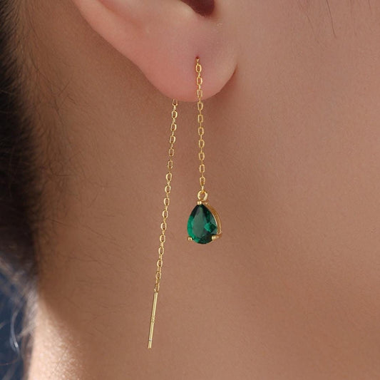 Emerald Green Droplet CZ Threader Earrings in Sterling Silver, Silver or Gold, Pear Cut CZ Long Ear Threaders, Sparkly CZ Threaders