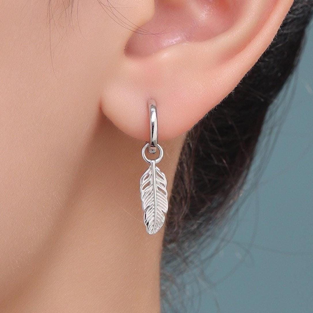 Sterling Silver Feather Hoop Earrings, Detachable Feather Dangle Hoop Earrings, Silver or Gold, Interchangeable Charms