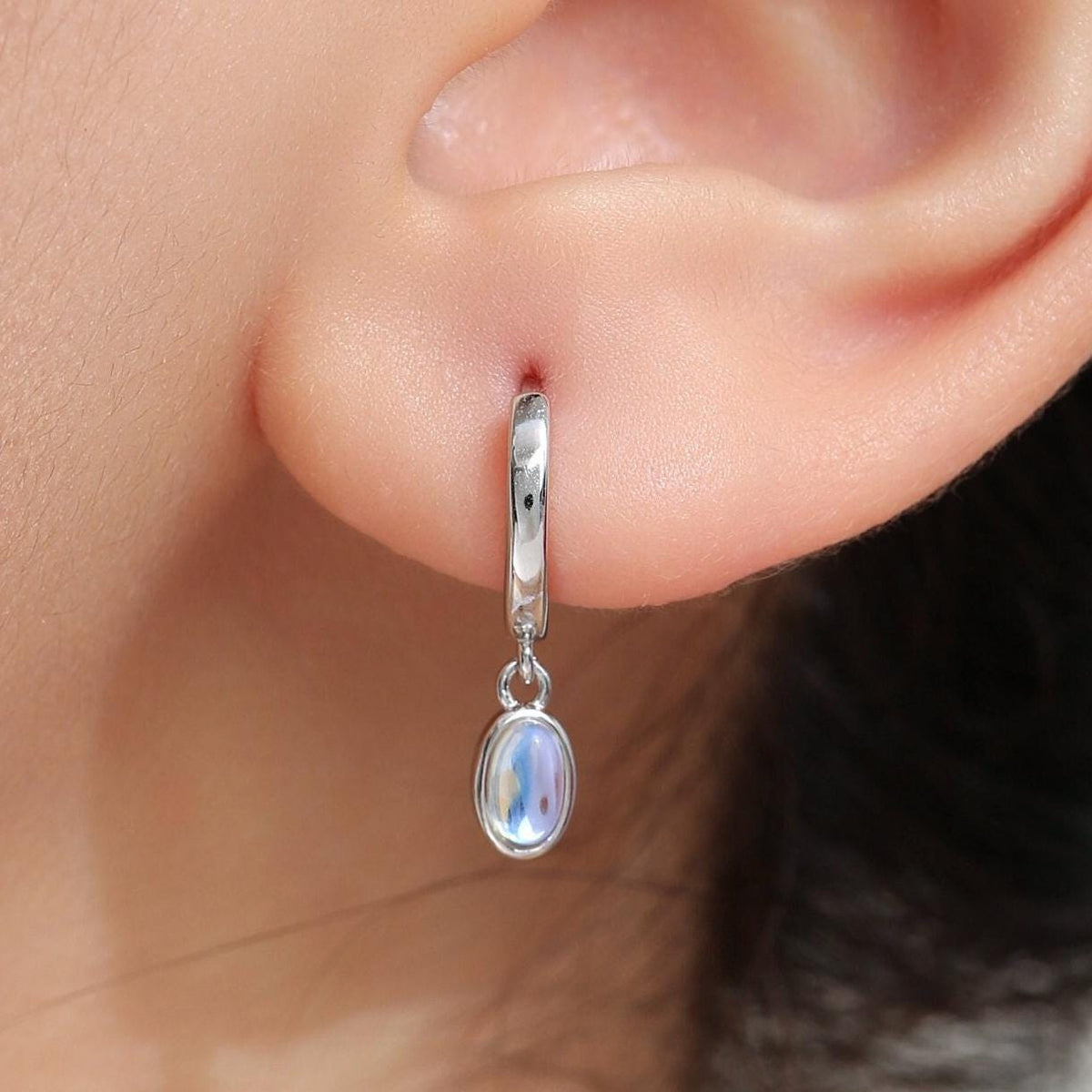 Sterling Silver Dangling Oval Moonstone Hoop Earrings, Lab Moonstone Charm Dangle Hoop Earrings, Silver or Gold