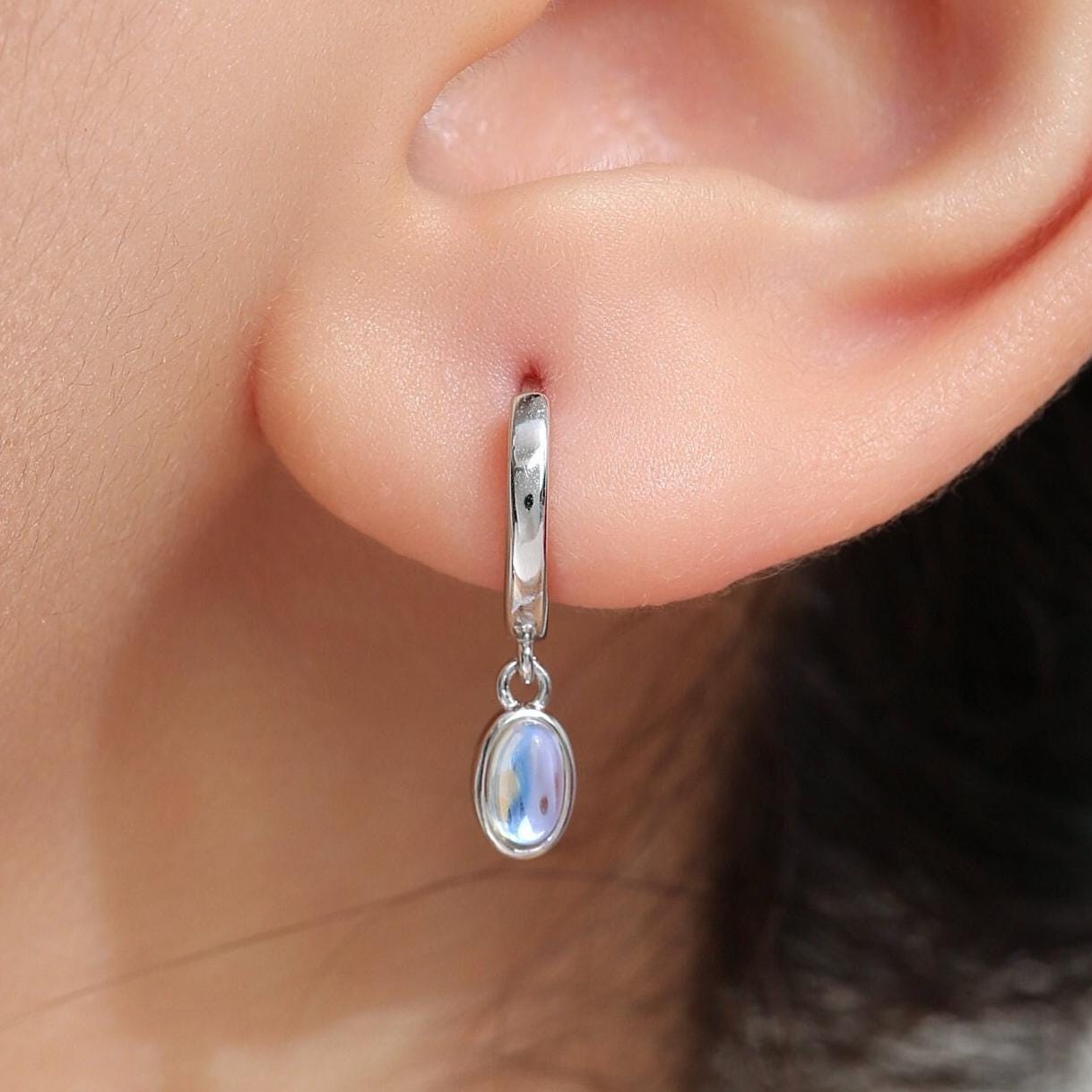 Sterling Silver Dangling Oval Moonstone Hoop Earrings, Lab Moonstone Charm Dangle Hoop Earrings, Silver or Gold