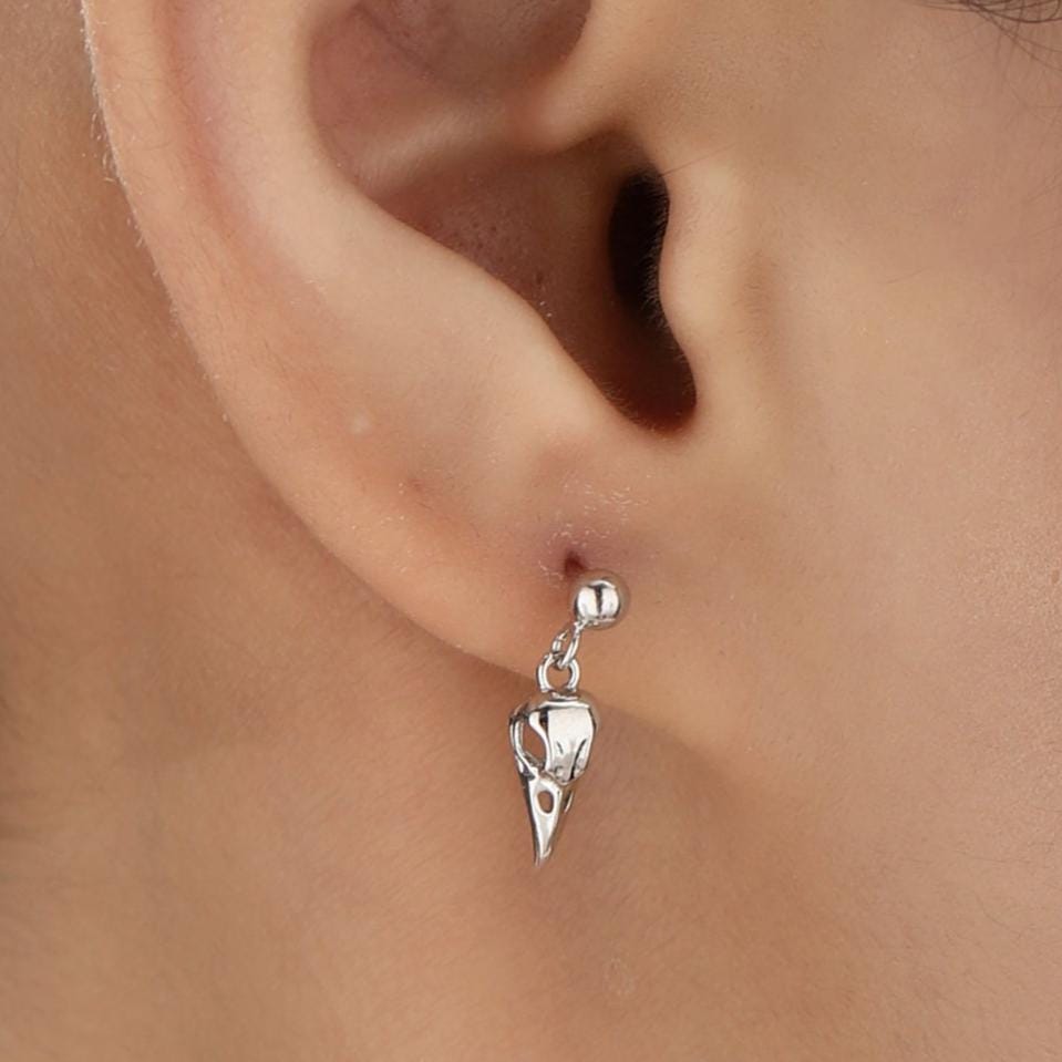Sterling Silver Tiny Bird Skull Drop Stud Earrings Earrings, Silver or Gold or Rose Gold, Bird Skeleton Earrings in Sterling Silver