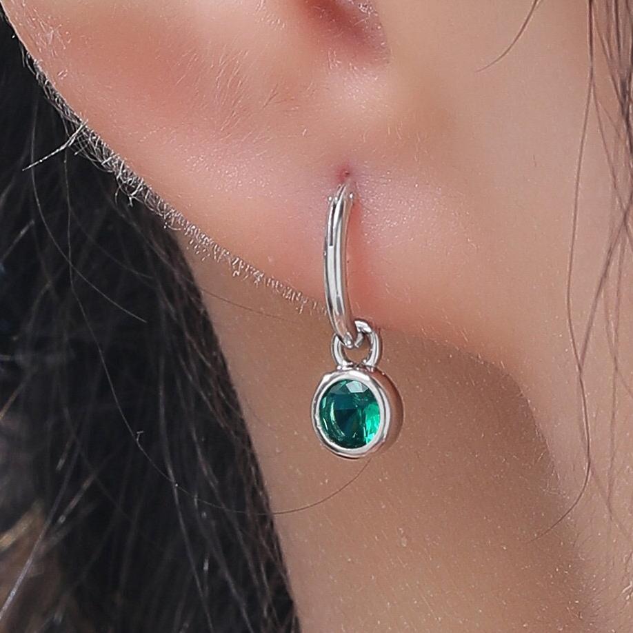 Emerald Green CZ Huggie Hoop Earrings in Sterling Silver with Sleeper Hoops, Detachable, Silver or Gold or Rose Gold, CZ Skinny Hoops