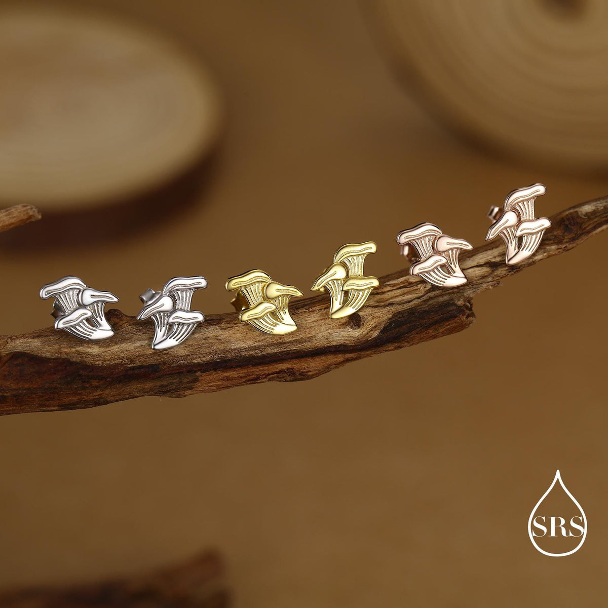 Chanterelle Mushroom Stud Earrings in Sterling Silver, also in Gold or Rose Gold Finish, Small Mushroom Earrings