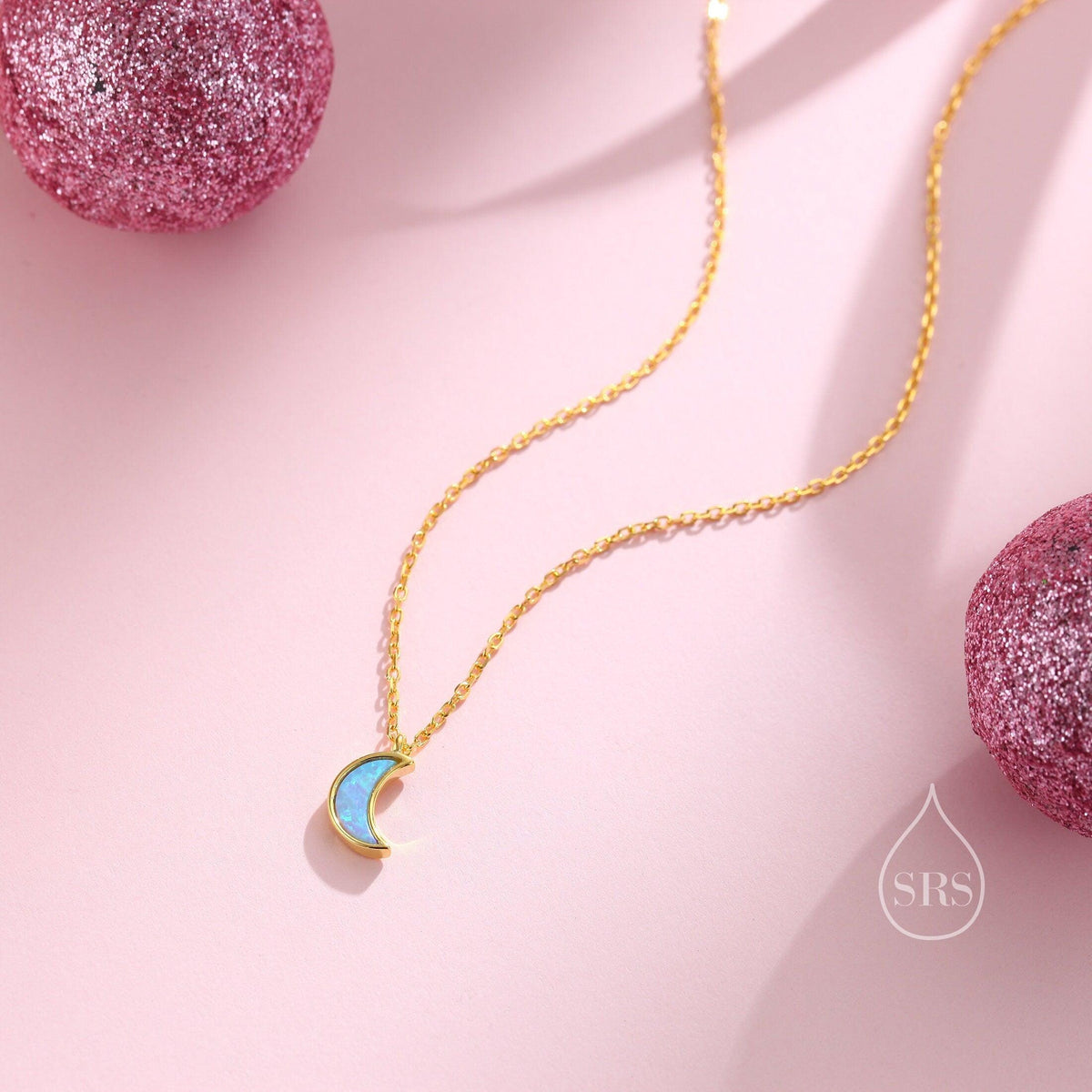 Extra Tiny Opal Moon Necklace in Sterling Silver, Silver or Gold or Rose Gold, Blue Opal or White Opal Necklace
