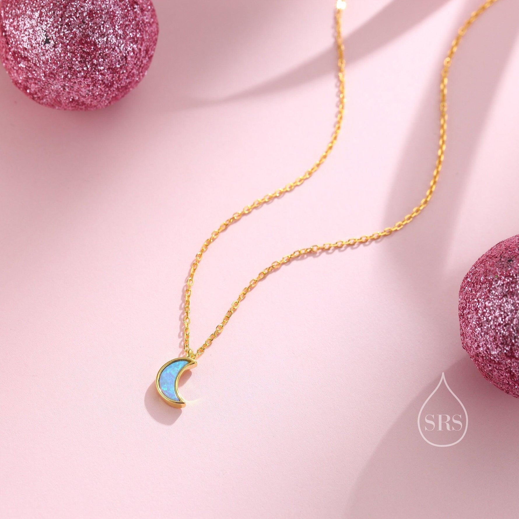 Extra Tiny Opal Moon Necklace in Sterling Silver, Silver or Gold or Rose Gold, Blue Opal or White Opal Necklace