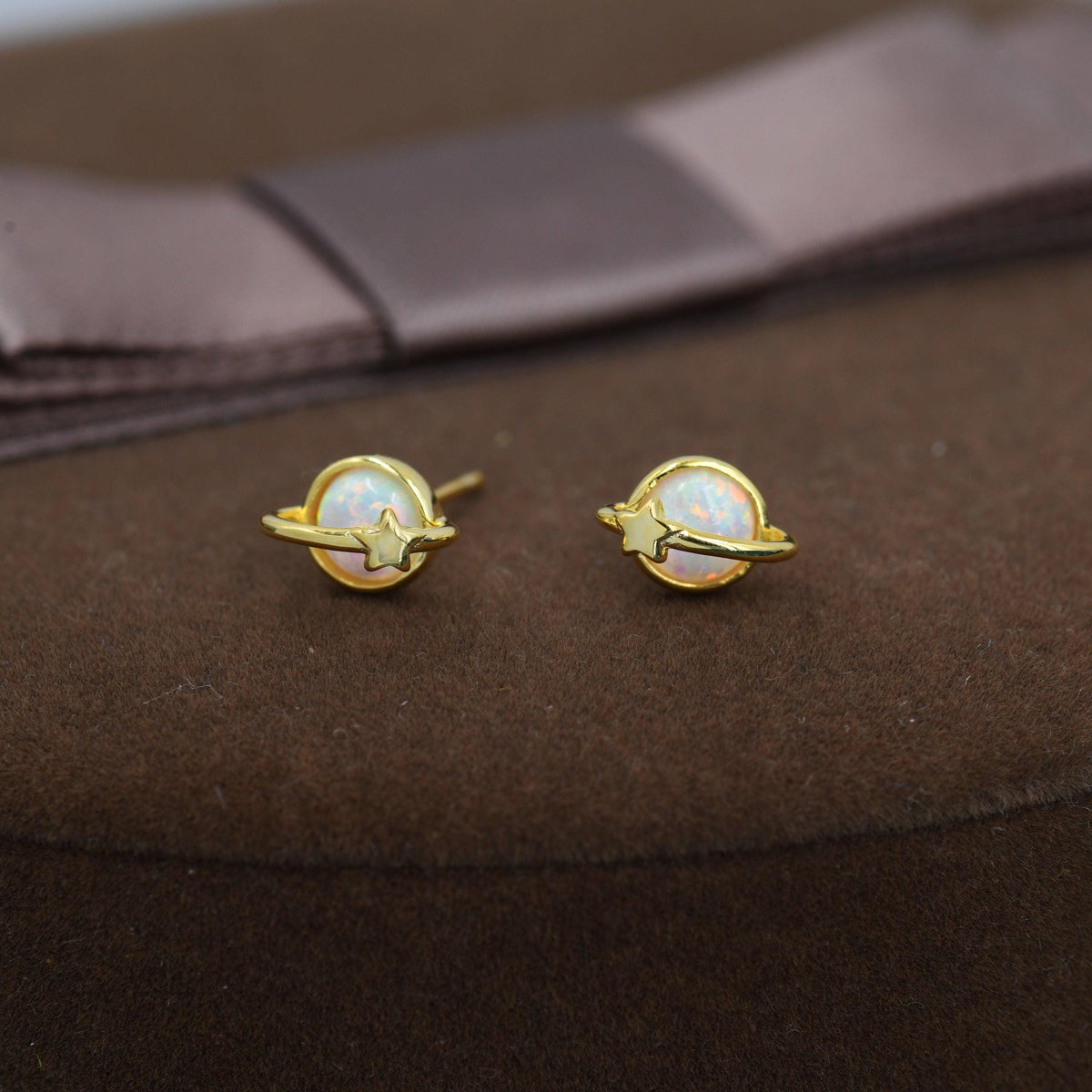 Opal Crystal Planet Stud Earrings in Sterling Silver, Lab Opal Planet Earrings, Fire Opal Saturn Earrings