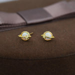 Opal Crystal Planet Stud Earrings in Sterling Silver, Lab Opal Planet Earrings, Fire Opal Saturn Earrings
