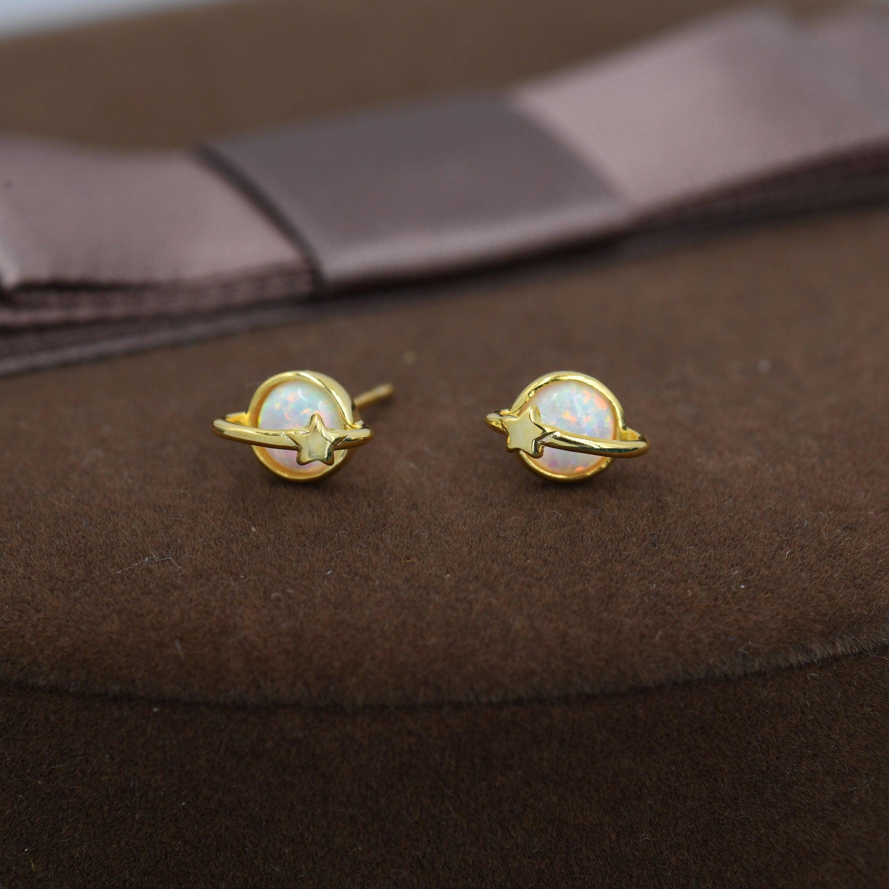 Opal Crystal Planet Stud Earrings in Sterling Silver, Lab Opal Planet Earrings, Fire Opal Saturn Earrings