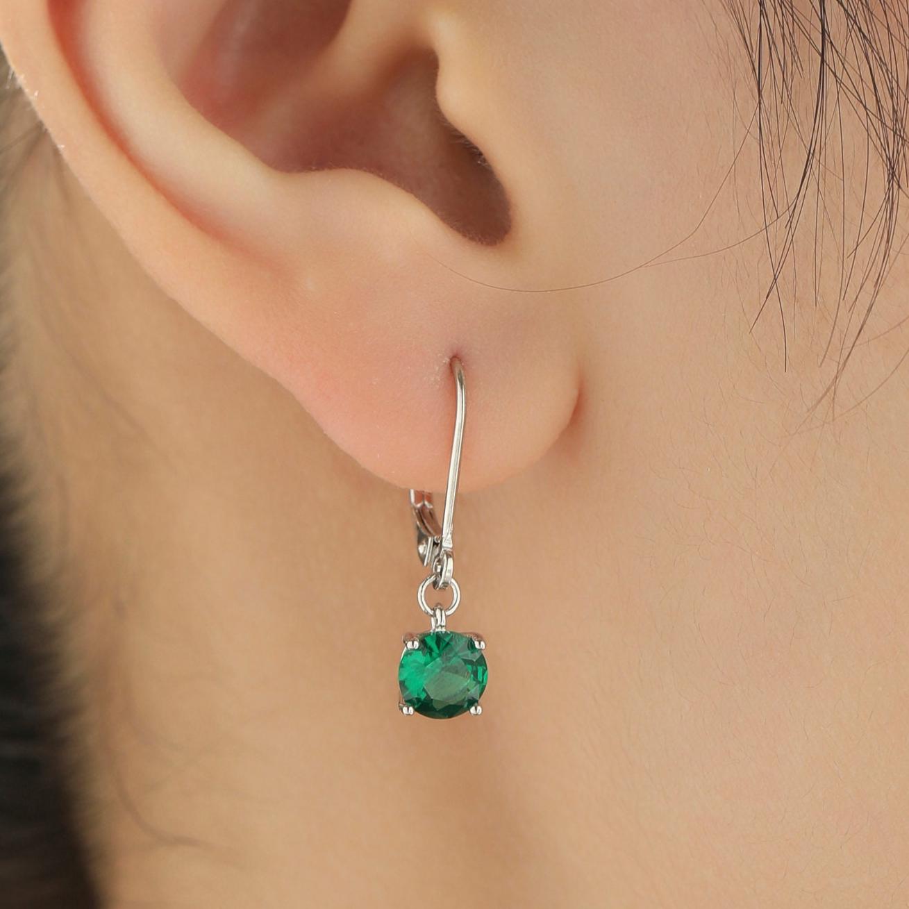 Emerald Green CZ Lever Back Hoop in Sterling Silver, 2 Sizes Available, 6mm or 6.5mm, Minimalist Simple Crystal Leverback Hoop Earrings