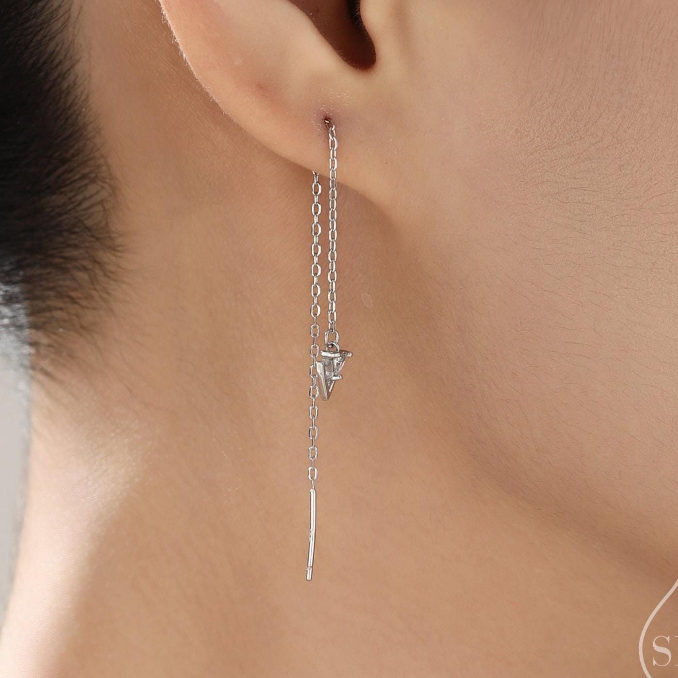 Sterling Silver Double Triangle Threader Earrings, Double Triangle Ear Threaders, Dainty Dangle Arrow Head Earrings, Geometric Arrowhead