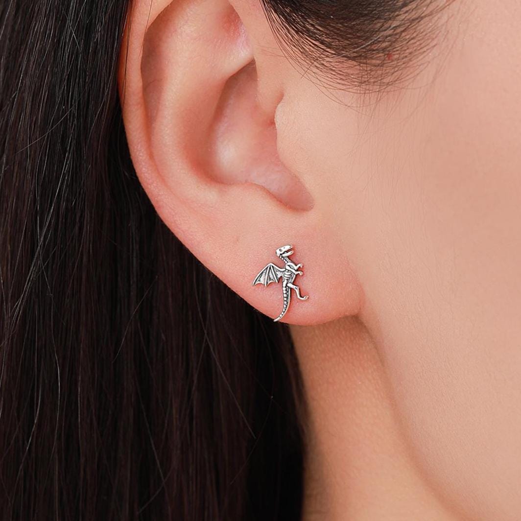 Oxidised Sterling Silver Dragon Fossil Stud Earrings, Oxidised Silver Finish Dino Stud, Quirky Dinosaur Stud, Dinosaur Earrings,