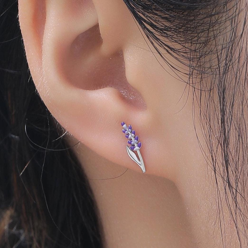 Extra Tiny Sterling Silver Lavender Stud Earrings, Handpainted Enamel Lavender Earrings, Silver or Gold, Purple Lavender Earrings