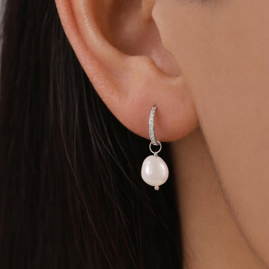 Pearl CZ Crystal Huggie Hoop Earrings in Sterling Silver, Detachable Pearl Charms, Silver or Gold, Genuine Freshwater Baroque Pearls