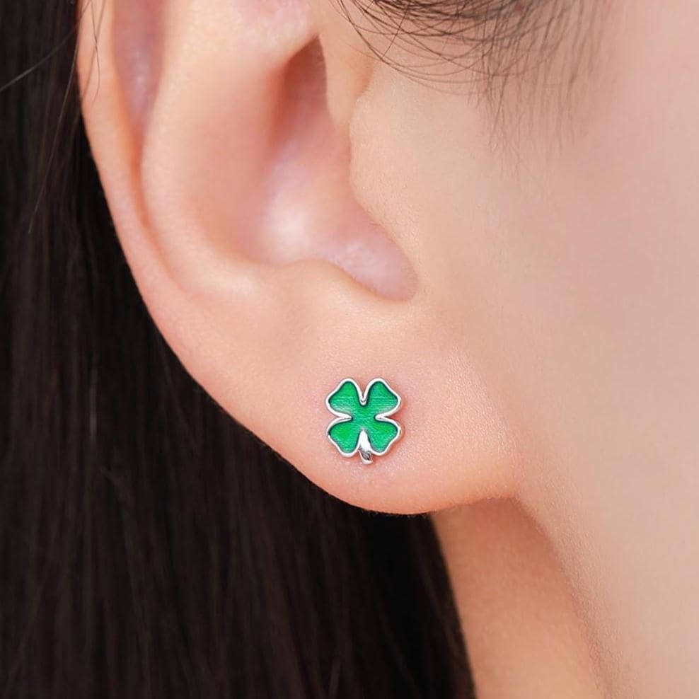 Four Leaf Clover Enamel Stud Earrings in Sterling Silver, Silver or Gold or Rose Gold, Flower Earrings, Shamrock Clover Earrings