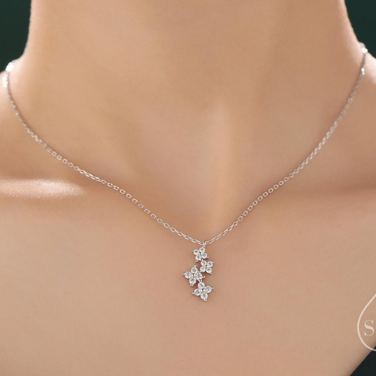 Delicate Hydrangea Bouquet CZ Necklace in Sterling Silver, Silver or Gold or Rose Gold, Tiny CZ Flower Necklace, Tiny CZ Necklace
