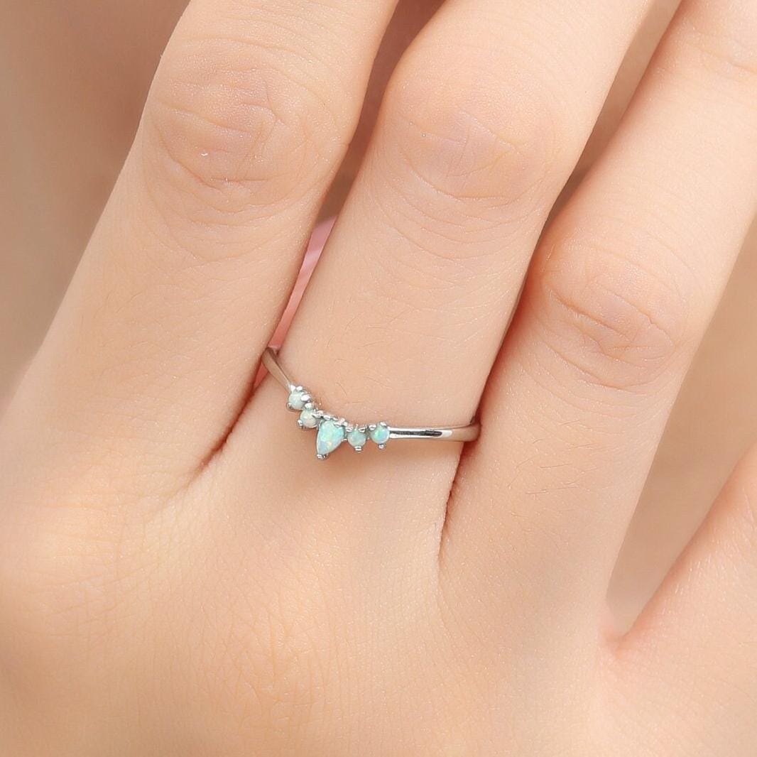 White Opal Chevron Ring in Sterling Silver, Fire Opal Crown Ring, Lab Opal Tiara V Ring, Adjustable Size, Nesting Band, Curved Wedding Ring