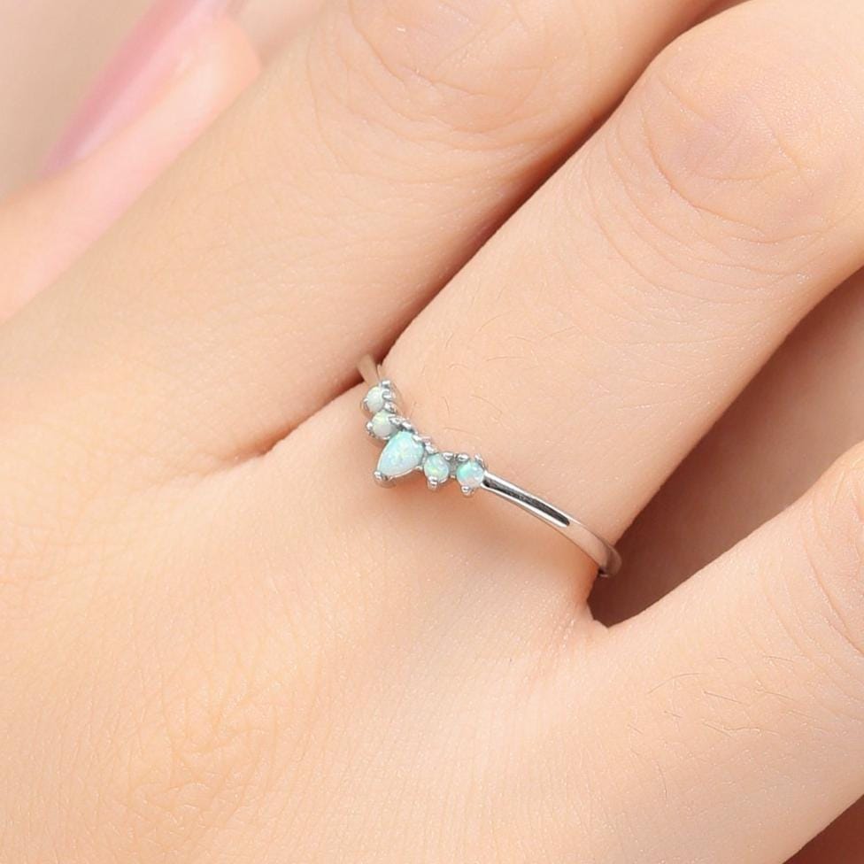 White Opal Chevron Ring in Sterling Silver, Fire Opal Crown Ring, Lab Opal Tiara V Ring, Adjustable Size, Nesting Band, Curved Wedding Ring