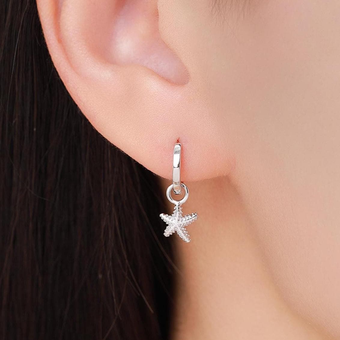 Sterling Silver Mismatched Shell and Starfish Huggie Hoops, Silver, Gold or Rose Gold, Detachable Cute Shell Hoop Earrings,