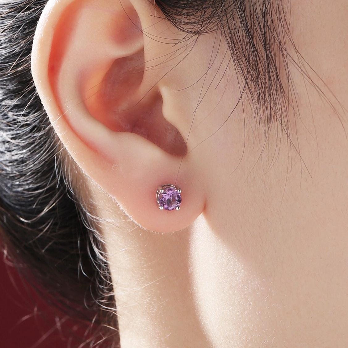 Sterling Silver Natural Amethyst Stud Earrings, 4mm or 5mm Prong Set, Genuine Amethyst Gemstone Stud, Minimalist Style, February Birthstone