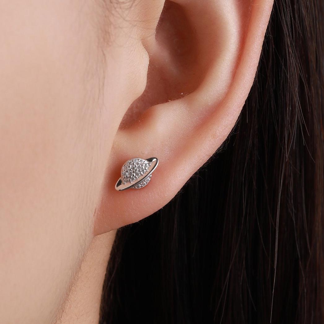 CZ Saturn Planet Stud Earrings in Sterling Silver, Silver or Gold or Rose Gold, Planet Earrings, Saturn Earrings