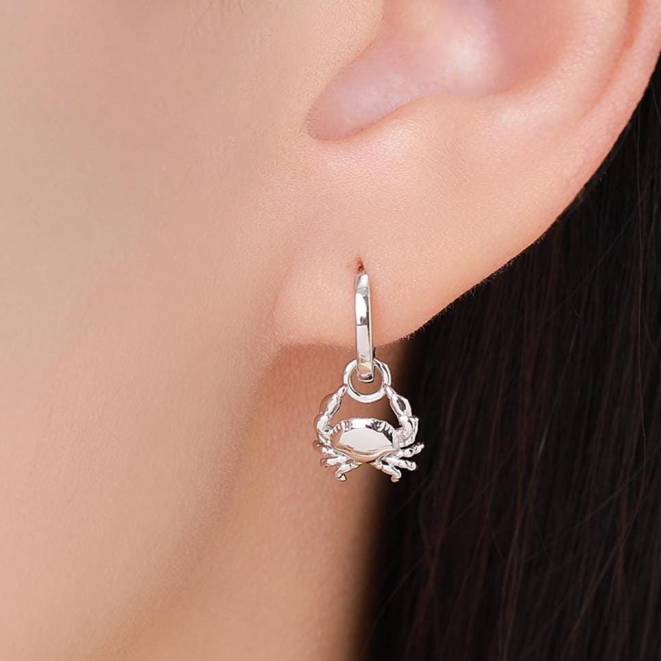 Sterling Silver Crab Dangle Huggie Hoops, Detachable Crab Hoop Earrings, Dainty Dangle Earrings, Fish Earrings, Ocean Animal