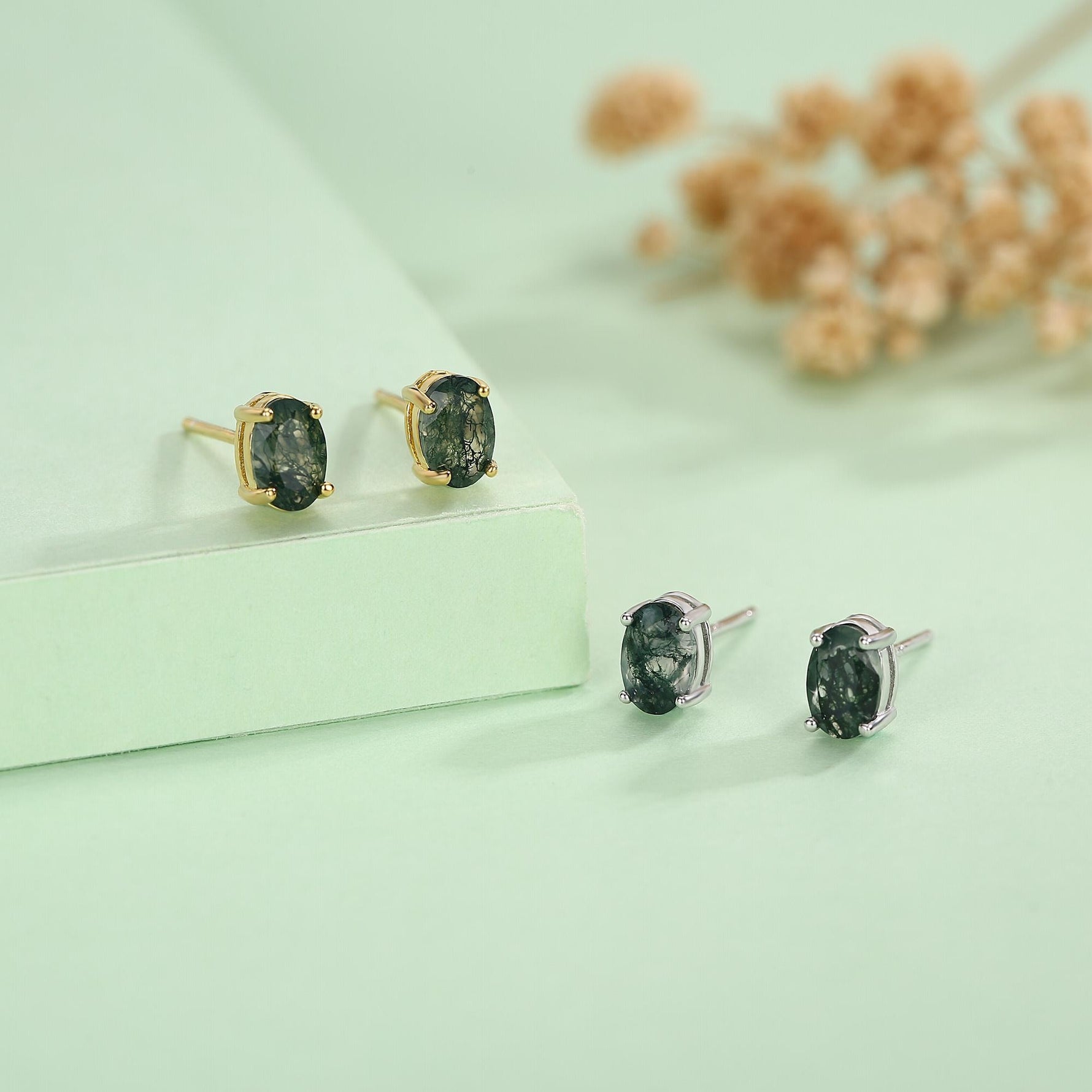 Sterling Silver Moss Agate 4x6mm Oval Stud Earrings