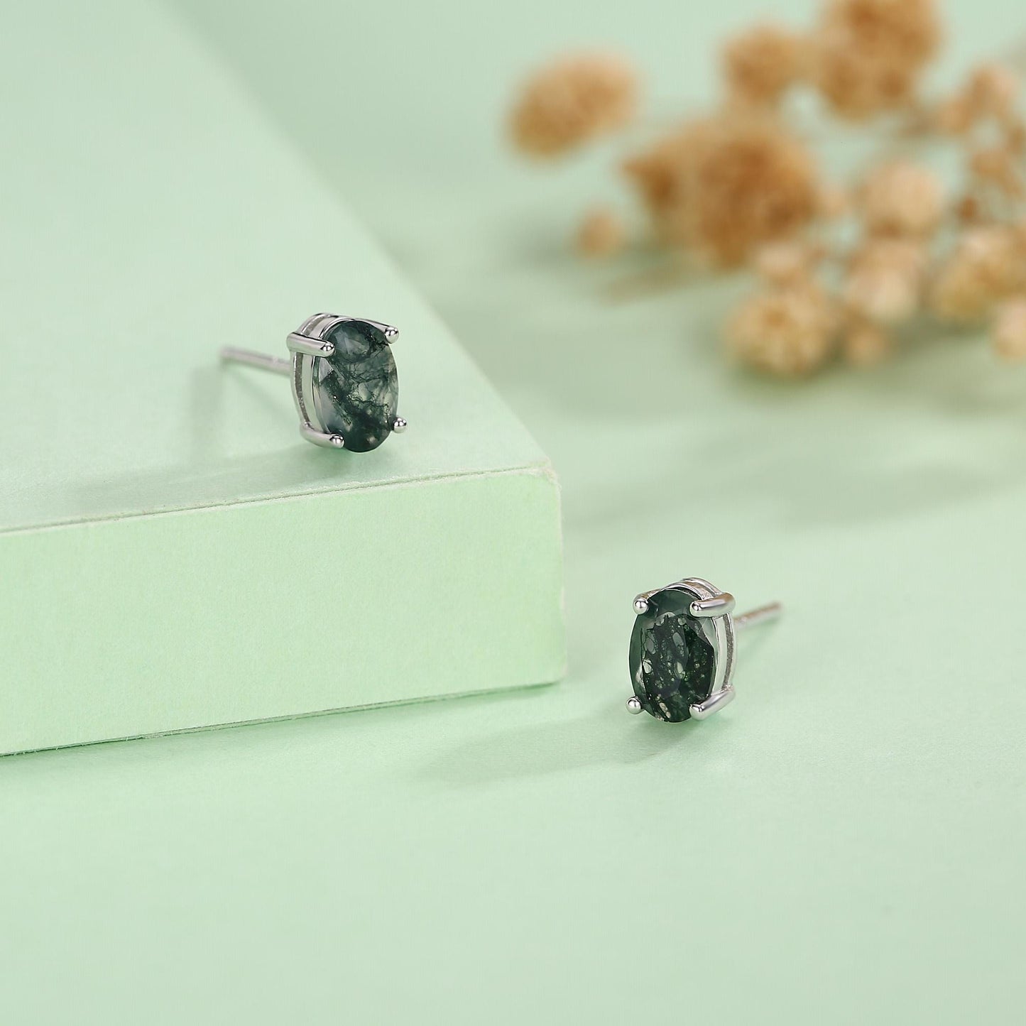 Sterling Silver Moss Agate 4x6mm Oval Stud Earrings