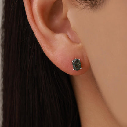 Sterling Silver Moss Agate 5x7mm Oval Stud Earrings