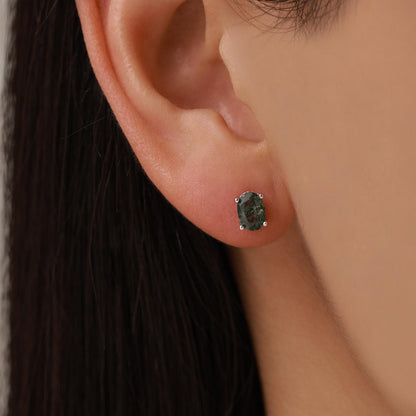 Sterling Silver Moss Agate 4x6mm Oval Stud Earrings