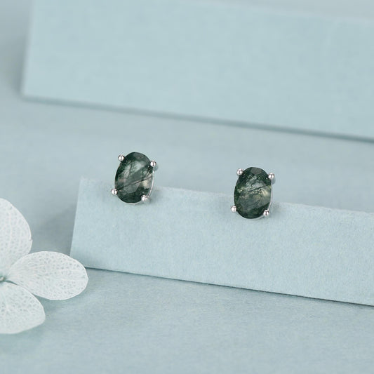 Sterling Silver Moss Agate 5x7mm Oval Stud Earrings