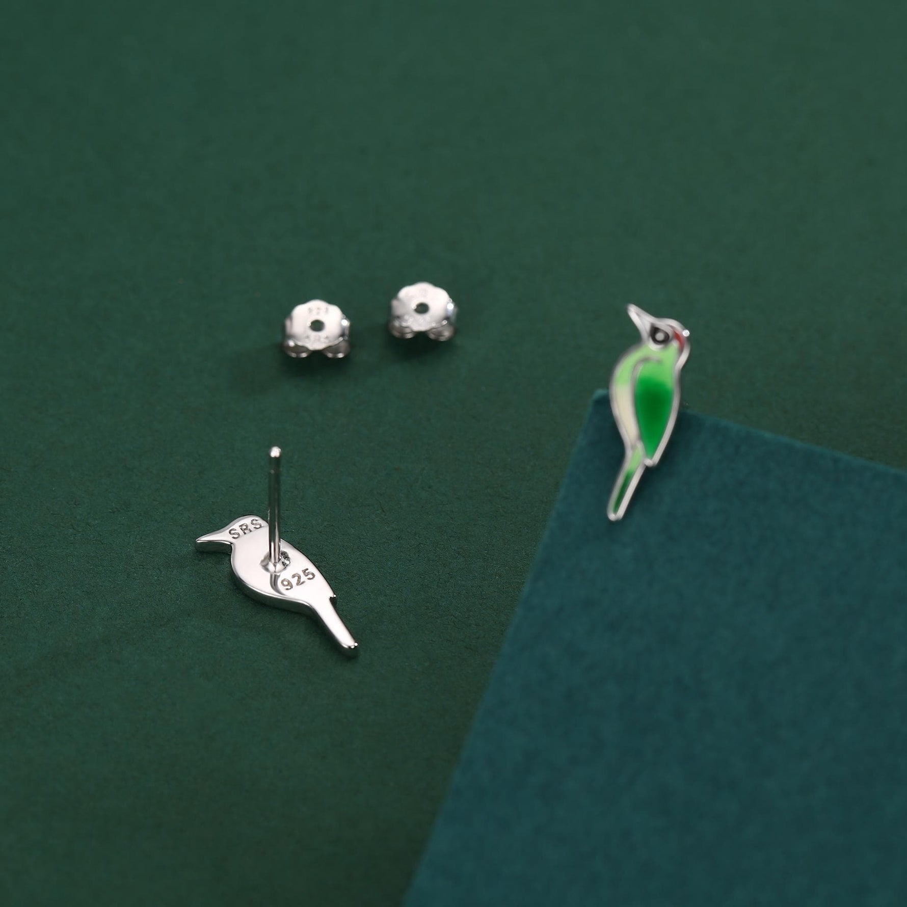 Sterling Silver Green Woodpecker Enamel Stud Earrings