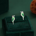 Sterling Silver Green Woodpecker Enamel Stud Earrings